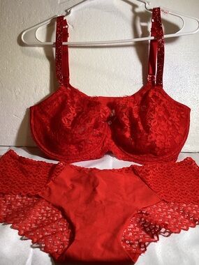 PINK Victoria's Secret Red Lace Underwire Bra & Lace-Trim Panty Set